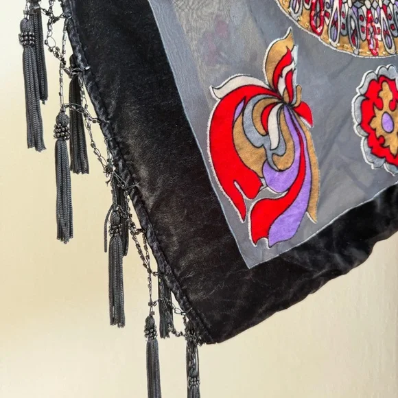 Vtg J.B.S. Silk Burnout Velvet Kimono Beaded Fringe Boho Whimsigoth - Picture 5 of 8